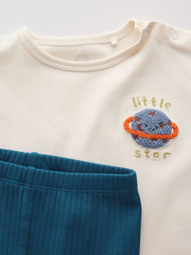 |BabyBoy| Conjunto De Bebé Com Blusa e Legging – Estampado Espacial (Neutro/Azul) (0 meses a 2 anos)