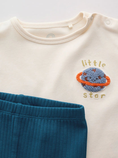 |BabyBoy| Conjunto De Bebé Com Blusa e Legging – Estampado Espacial (Neutro/Azul) (0 meses a 2 anos)