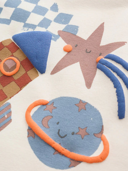 |BabyBoy| Conjunto De Bebé Com Blusa e Legging – Estampado Espacial (Neutro/Azul) (0 meses a 2 anos)