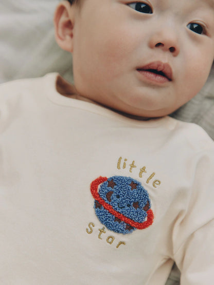 |BabyBoy| Conjunto De Bebé Com Blusa e Legging – Estampado Espacial (Neutro/Azul) (0 meses a 2 anos)