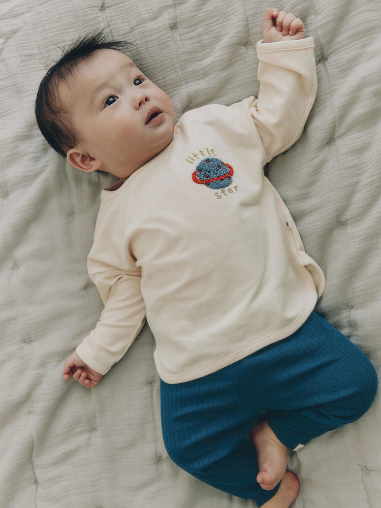 |BabyBoy| Conjunto De Bebé Com Blusa e Legging – Estampado Espacial (Neutro/Azul) (0 meses a 2 anos)