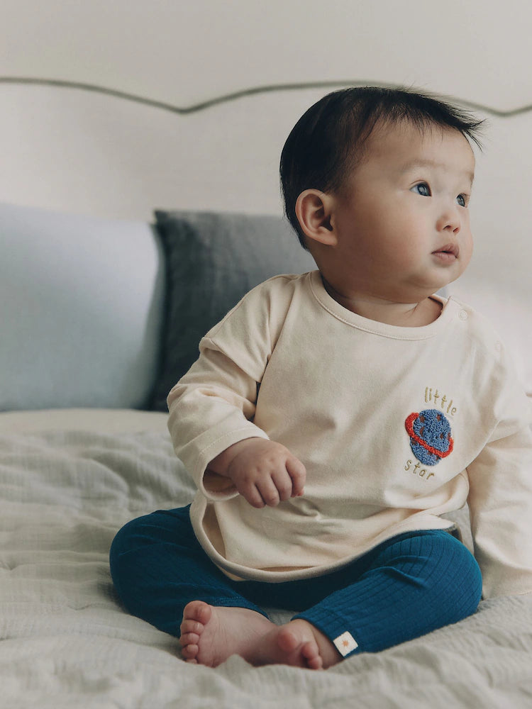 |BabyBoy| Conjunto De Bebé Com Blusa e Legging – Estampado Espacial (Neutro/Azul) (0 meses a 2 anos)