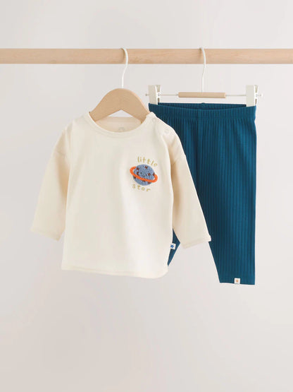 |BabyBoy| Conjunto De Bebé Com Blusa e Legging – Estampado Espacial (Neutro/Azul) (0 meses a 2 anos)
