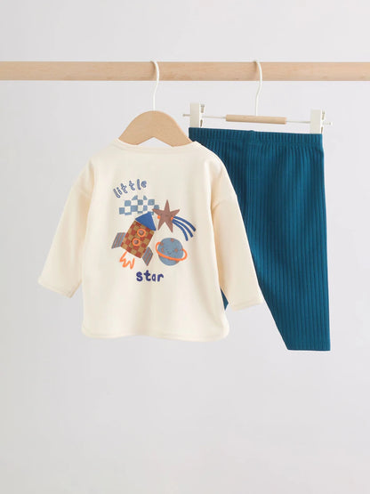 |BabyBoy| Conjunto De Bebé Com Blusa e Legging – Estampado Espacial (Neutro/Azul) (0 meses a 2 anos)