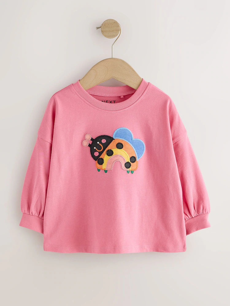 |Girl| Kit com 4 Camisetas de Manga Longa Azul-Marinho com Estampa de Joaninha (3 meses a 7 anos)