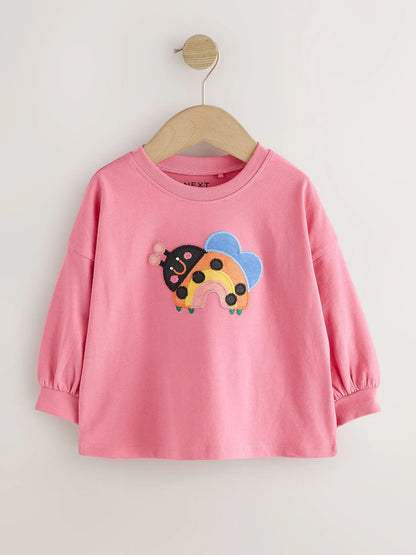 |Girl| Kit com 4 Camisetas de Manga Longa Azul-Marinho com Estampa de Joaninha (3 meses a 7 anos)
