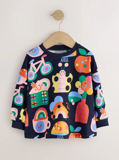 |Girl| Kit com 4 Camisetas de Manga Longa Azul-Marinho com Estampa de Joaninha (3 meses a 7 anos)