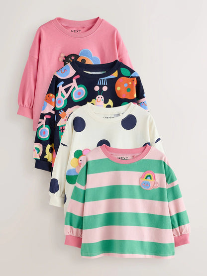 |Girl| Kit com 4 Camisetas de Manga Longa Azul-Marinho com Estampa de Joaninha (3 meses a 7 anos)