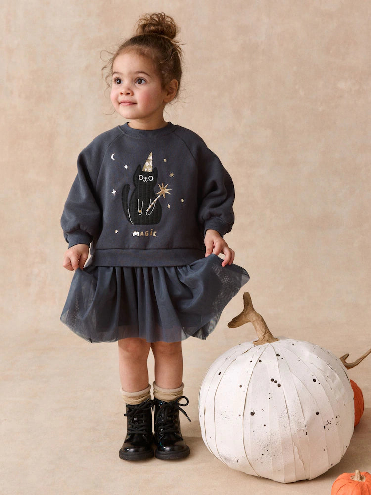 |Girl| Vestido de Manga Longa em Malha com Estampa de Gato Preto (3 meses a 7 anos)