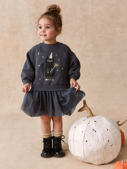|Girl| Vestido de Manga Longa em Malha com Estampa de Gato Preto (3 meses a 7 anos)