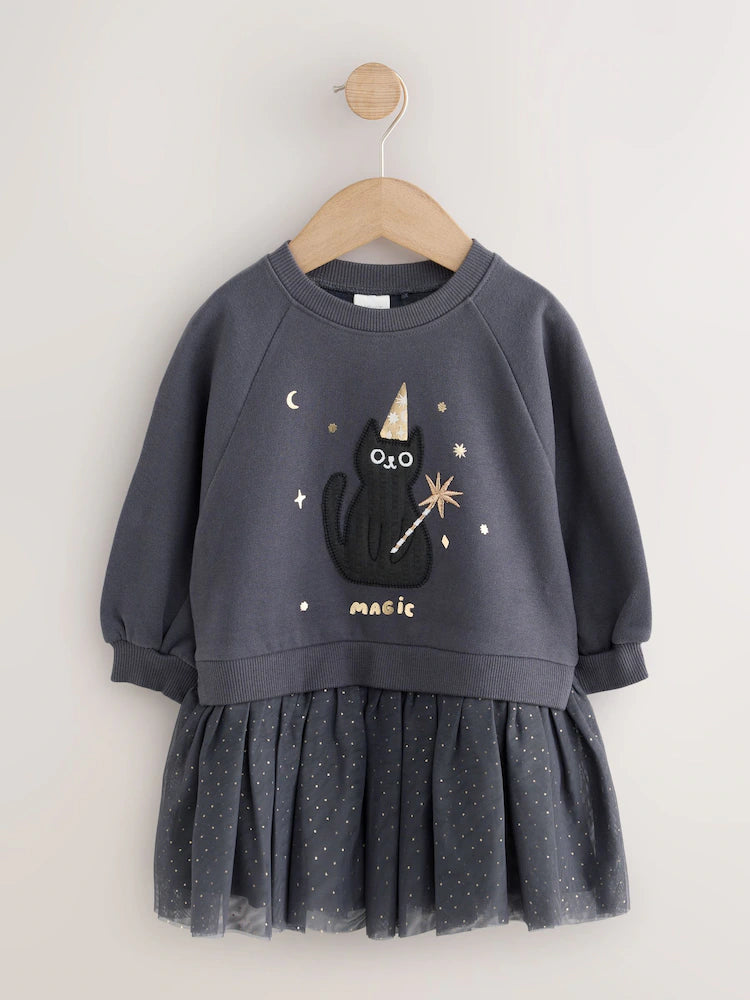 |Girl| Vestido de Manga Longa em Malha com Estampa de Gato Preto (3 meses a 7 anos)