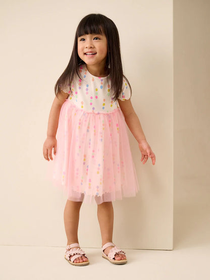 |Girl| Vestido Com Saia De Tule e Estampa De Bolinhas Coloridas (3 meses a 7 anos)