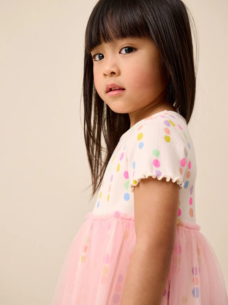 |Girl| Vestido Com Saia De Tule e Estampa De Bolinhas Coloridas (3 meses a 7 anos)