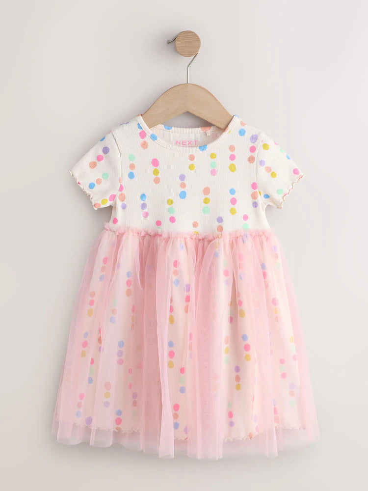 |Girl| Vestido Com Saia De Tule e Estampa De Bolinhas Coloridas (3 meses a 7 anos)