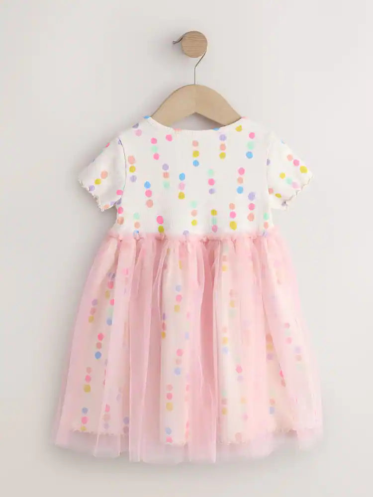 |Girl| Vestido Com Saia De Tule e Estampa De Bolinhas Coloridas (3 meses a 7 anos)