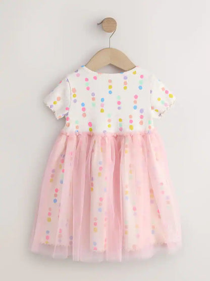 |Girl| Vestido Com Saia De Tule e Estampa De Bolinhas Coloridas (3 meses a 7 anos)