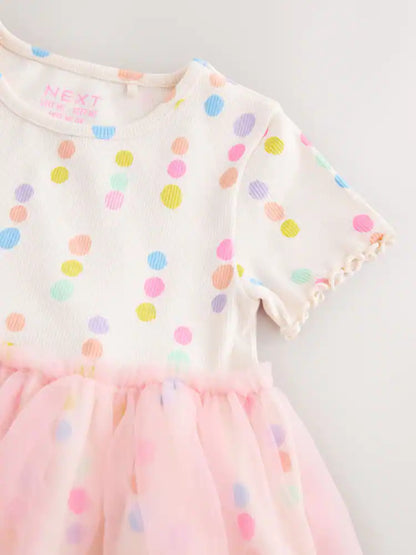 |Girl| Vestido Com Saia De Tule e Estampa De Bolinhas Coloridas (3 meses a 7 anos)
