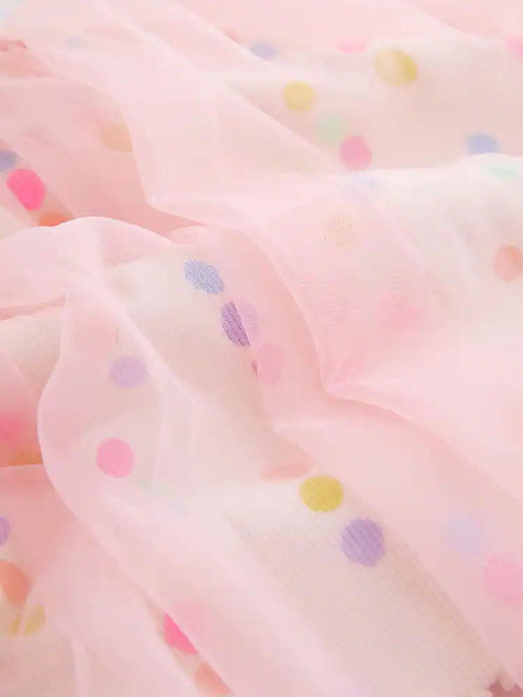 |Girl| Vestido Com Saia De Tule e Estampa De Bolinhas Coloridas (3 meses a 7 anos)