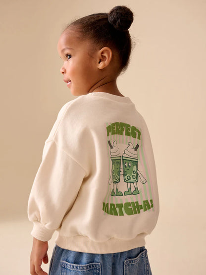 |Girl| Moletom De Gola Redonda Na Cor Creme Matcha (3 meses a 7 anos)