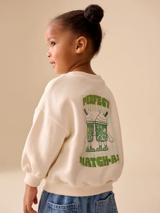 |Girl| Moletom De Gola Redonda Na Cor Creme Matcha (3 meses a 7 anos)