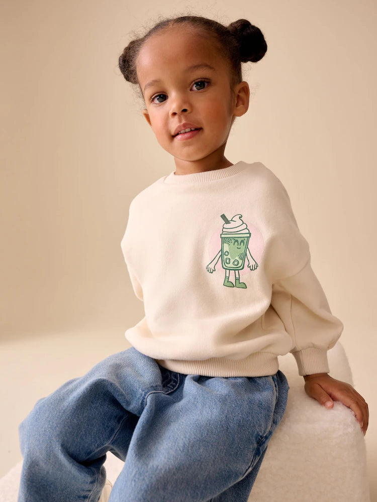 |Girl| Moletom De Gola Redonda Na Cor Creme Matcha (3 meses a 7 anos)