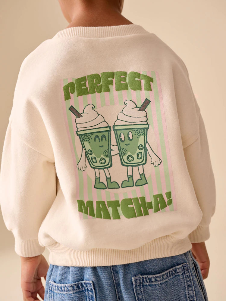 |Girl| Moletom De Gola Redonda Na Cor Creme Matcha (3 meses a 7 anos)