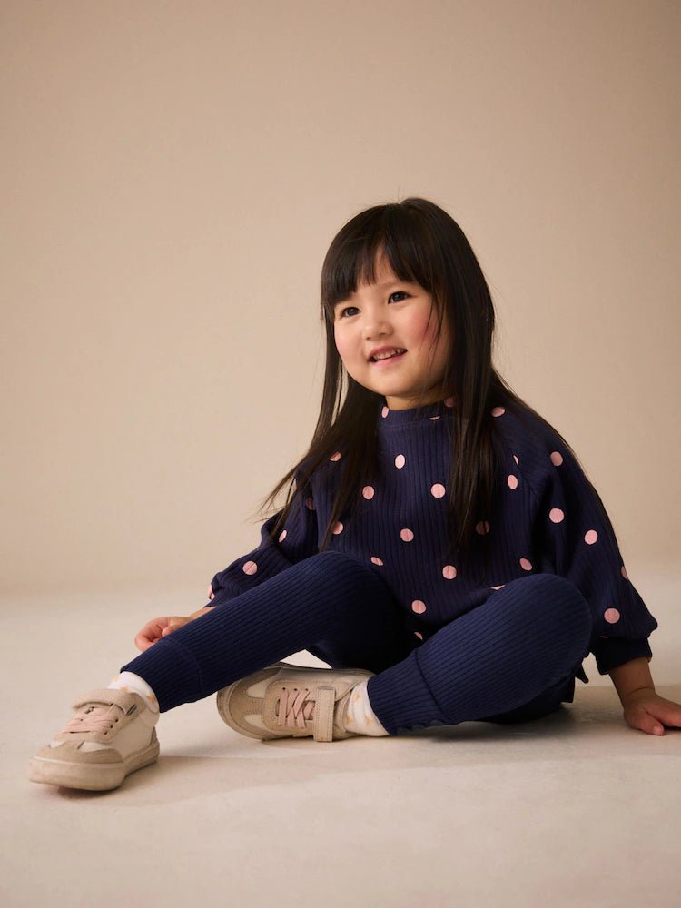 |Girl| Blusa Raglan Canelada de Manga Longa Azul-Marinho com Estampa de Poá (3 meses a 7 anos)