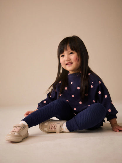|Girl| Blusa Raglan Canelada de Manga Longa Azul-Marinho com Estampa de Poá (3 meses a 7 anos)