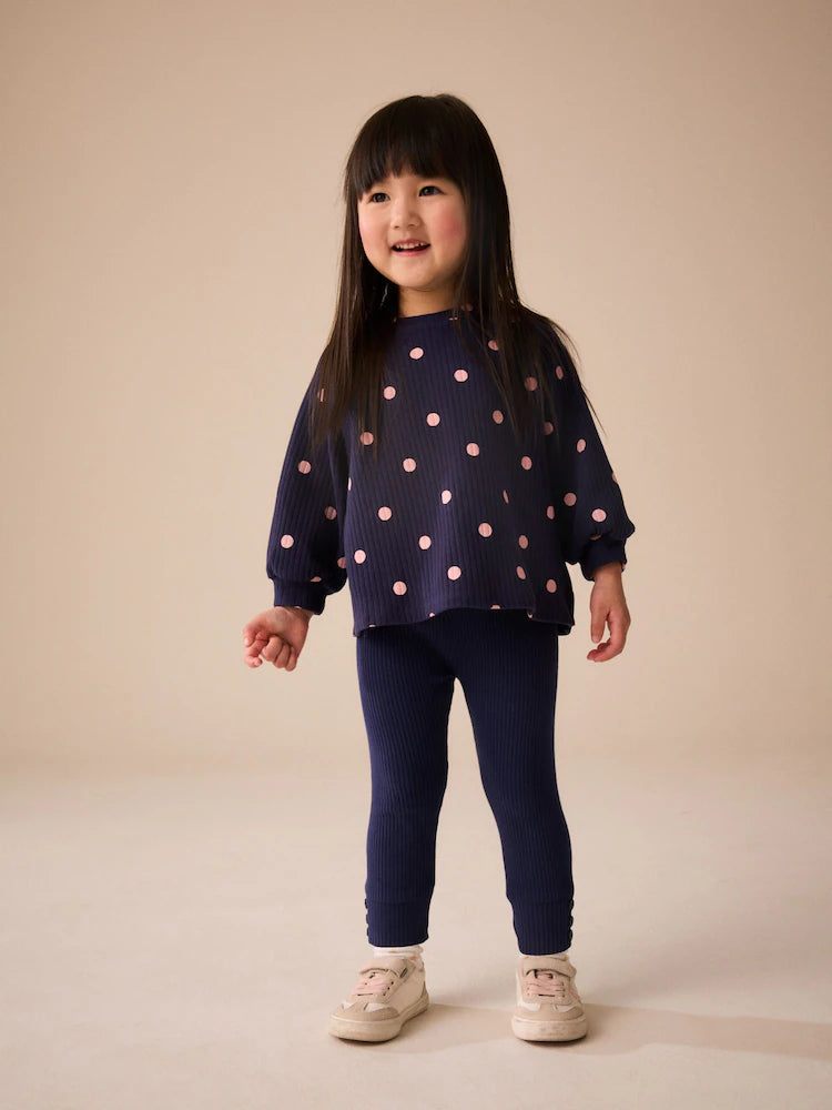 |Girl| Blusa Raglan Canelada de Manga Longa Azul-Marinho com Estampa de Poá (3 meses a 7 anos)