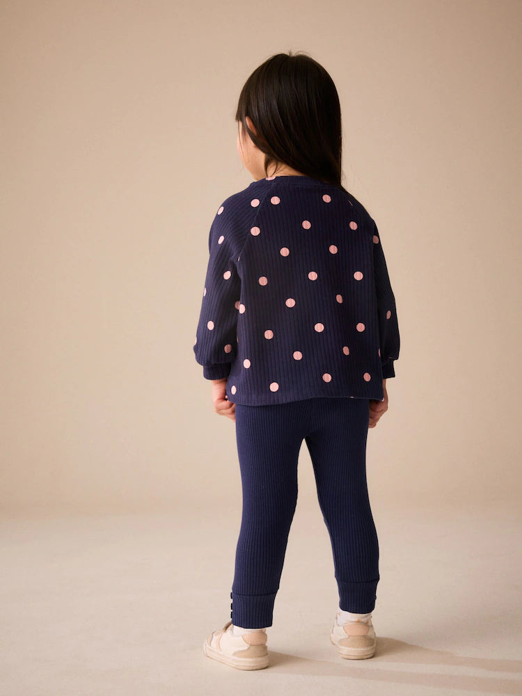 |Girl| Blusa Raglan Canelada de Manga Longa Azul-Marinho com Estampa de Poá (3 meses a 7 anos)