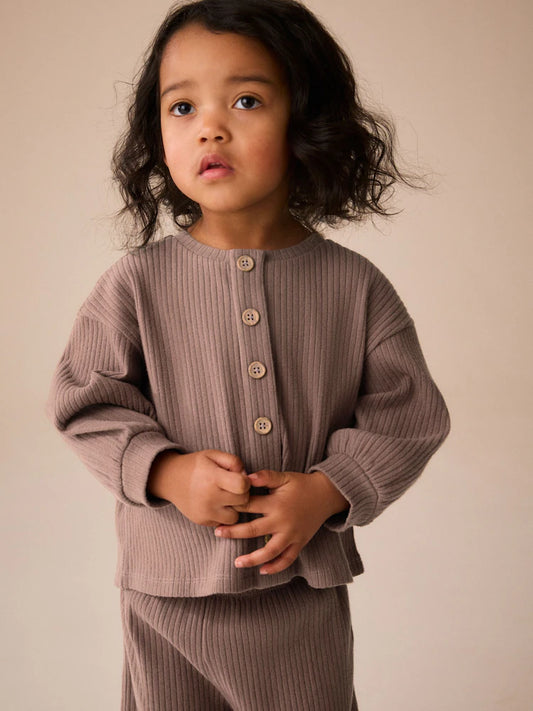 |Girl| Cardigã Raglan Canelado Marrom de Manga Longa (3 meses a 7 anos)