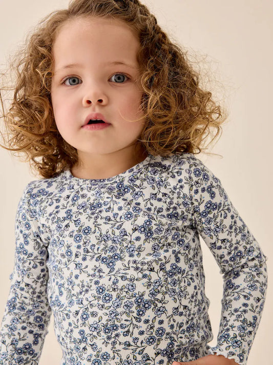 |Girl| Camiseta de Manga Longa Canelada Off-White com Estampa Floral Miúda (3 meses a 7 anos)