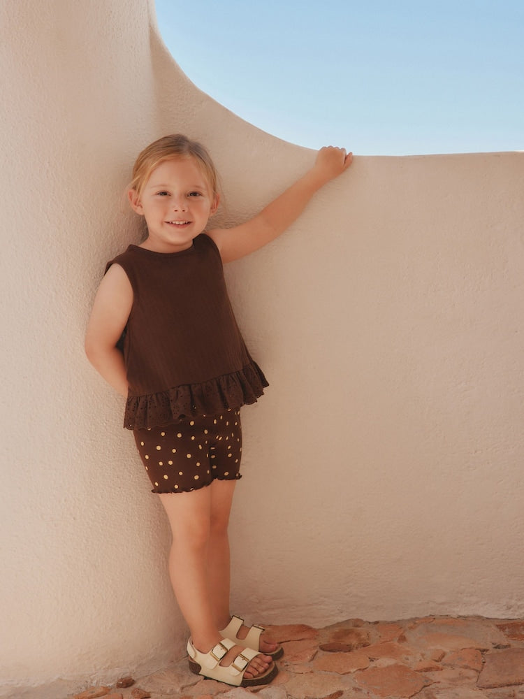 |Girl| Conjunto De Colete e Shorts Bordados Marrons (3 meses a 7 anos)