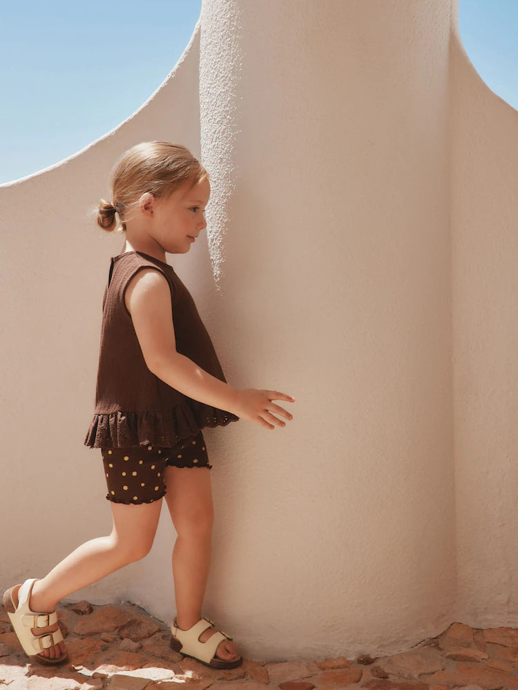 |Girl| Conjunto De Colete e Shorts Bordados Marrons (3 meses a 7 anos)
