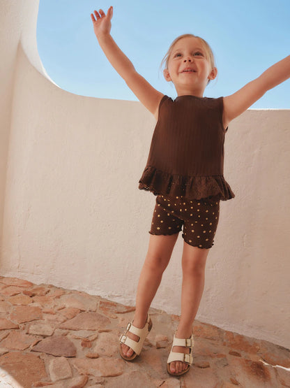 |Girl| Conjunto De Colete e Shorts Bordados Marrons (3 meses a 7 anos)