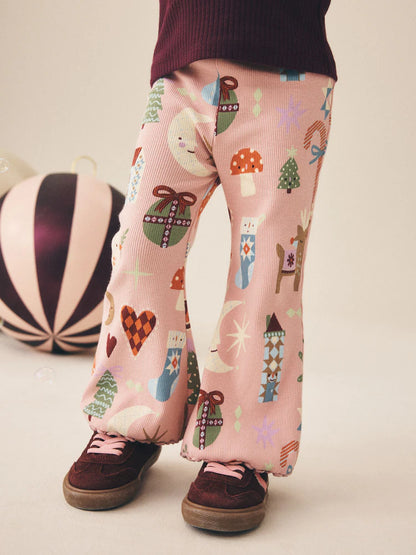|Girl| Legging Canelada Flare de Natal Rosa-Claro (3 meses a 7 anos)