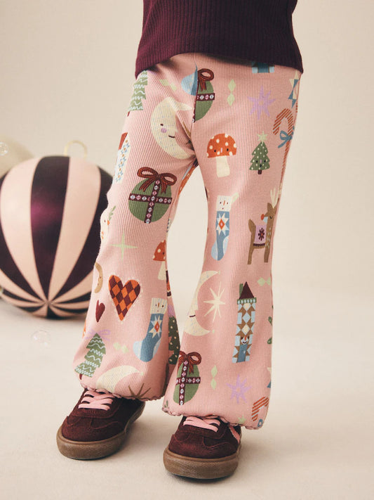 |Girl| Legging Canelada Flare de Natal Rosa-Claro (3 meses a 7 anos)