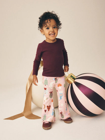 |Girl| Legging Canelada Flare de Natal Rosa-Claro (3 meses a 7 anos)