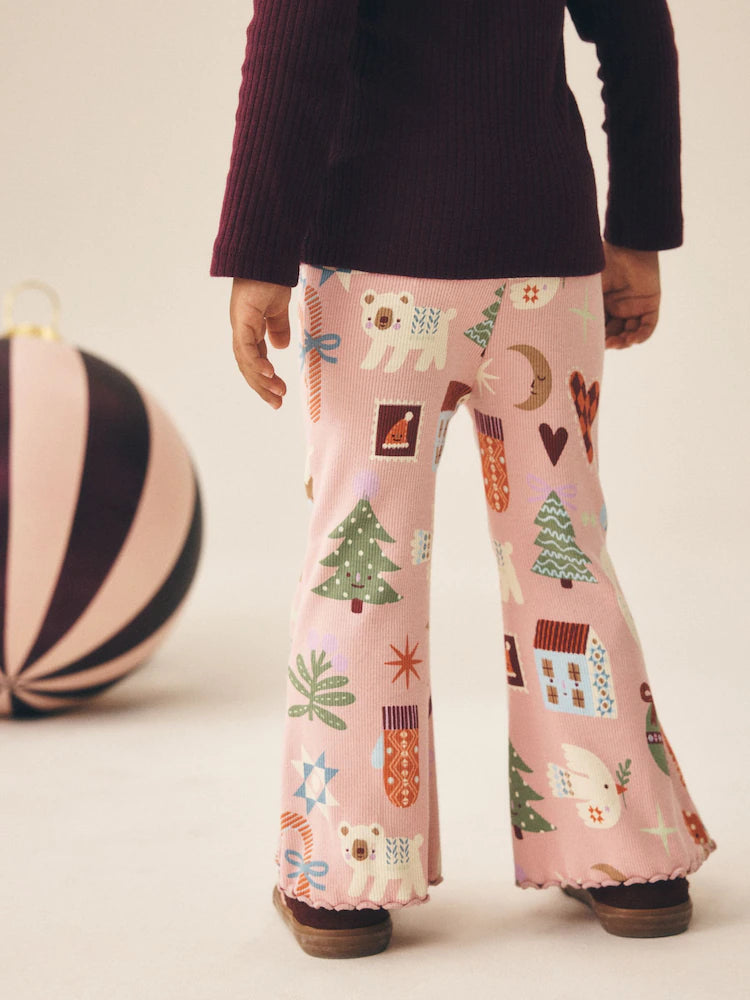 |Girl| Legging Canelada Flare de Natal Rosa-Claro (3 meses a 7 anos)