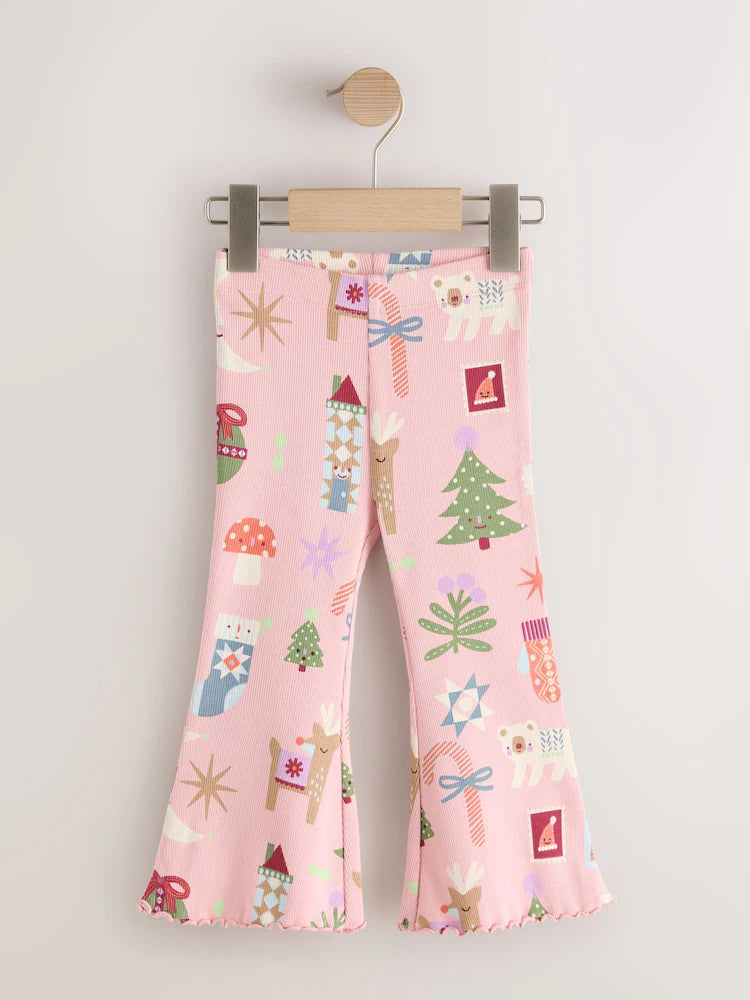 |Girl| Legging Canelada Flare de Natal Rosa-Claro (3 meses a 7 anos)