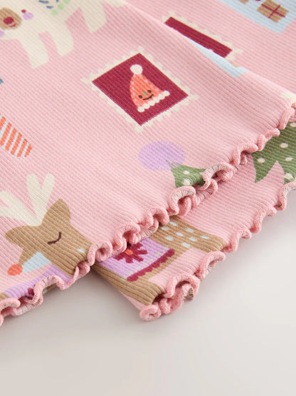 |Girl| Legging Canelada Flare de Natal Rosa-Claro (3 meses a 7 anos)