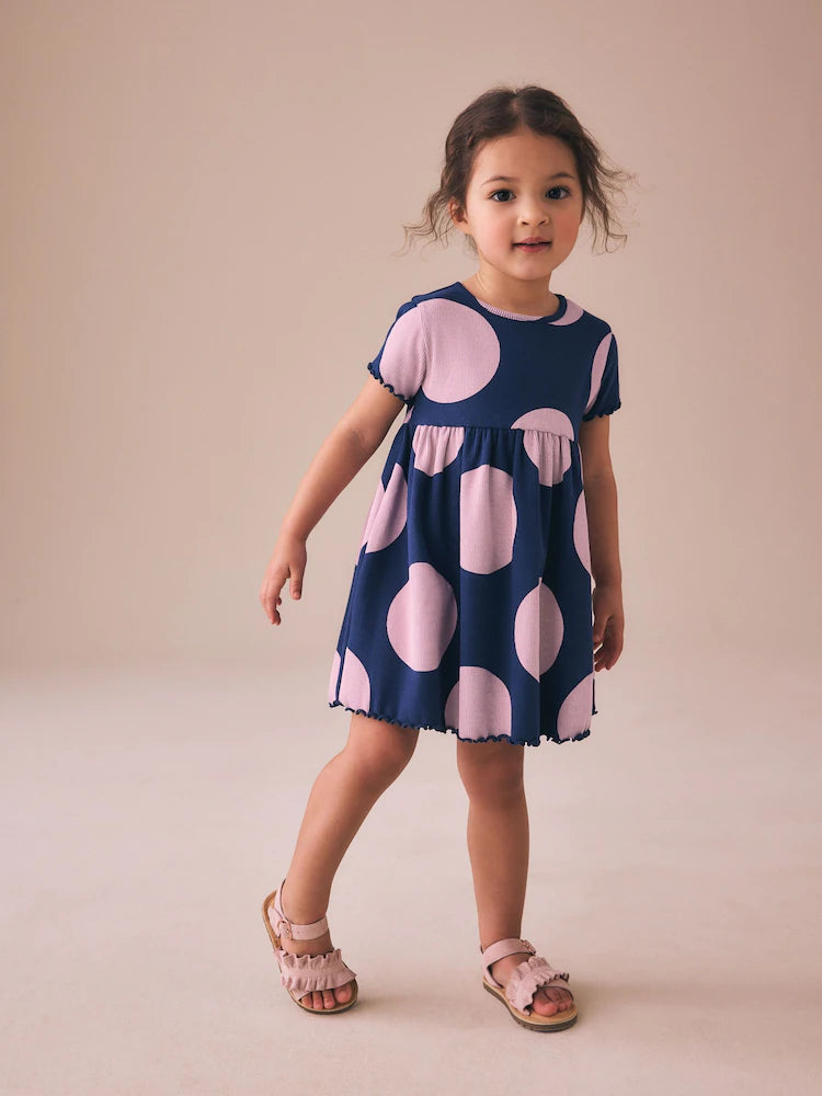 |Girl| Vestido Canelado De Manga Curta Com Estampa De Bolinhas Azul-Marinho (3 meses a 7 anos)