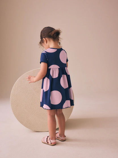 |Girl| Vestido Canelado De Manga Curta Com Estampa De Bolinhas Azul-Marinho (3 meses a 7 anos)
