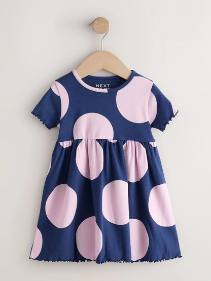 |Girl| Vestido Canelado De Manga Curta Com Estampa De Bolinhas Azul-Marinho (3 meses a 7 anos)