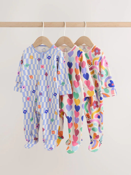 |BabyGirl| Kit Com 3 Macacões De Bebé Com Fecho Bidirecional e Estampado Arco-Íris Vibrante (0 meses a 2 anos)