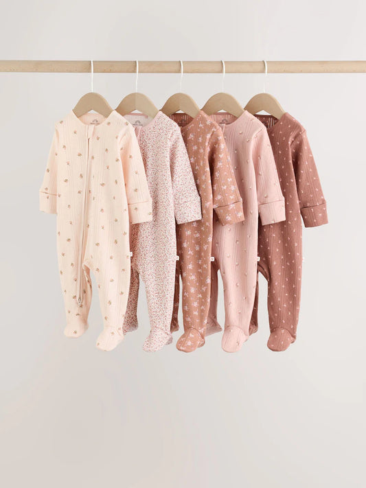 |BabyGirl| Pacote com 5 Macacões de Bebê Marrons com Estampa Floral Miúda e Zíper Bidirecional (0 a 2 anos)