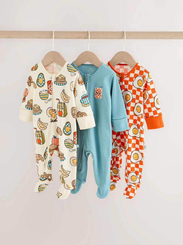 |BabyBoy| Kit com 3 Macacões de Bebê "Brunch" (Azul/Laranja) – 0 meses a 2 anos