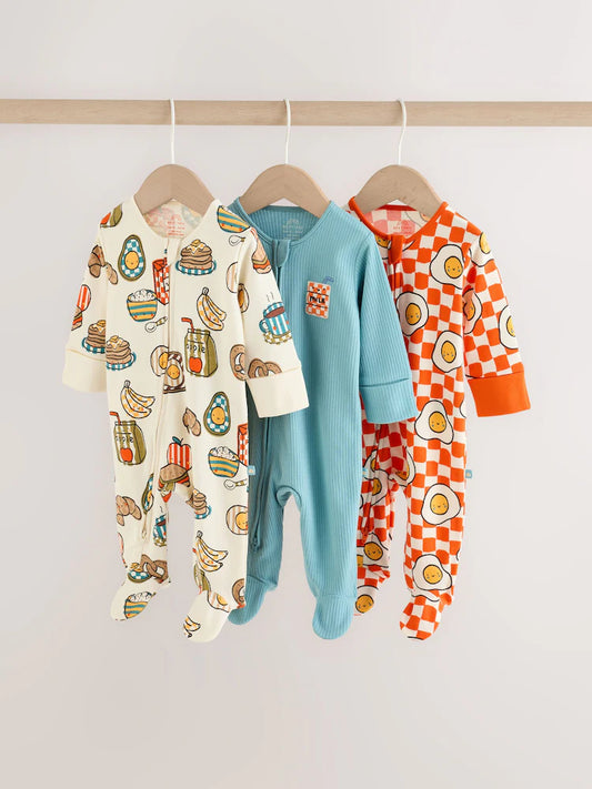 |BabyBoy| Kit com 3 Macacões de Bebê "Brunch" (Azul/Laranja) – 0 meses a 2 anos