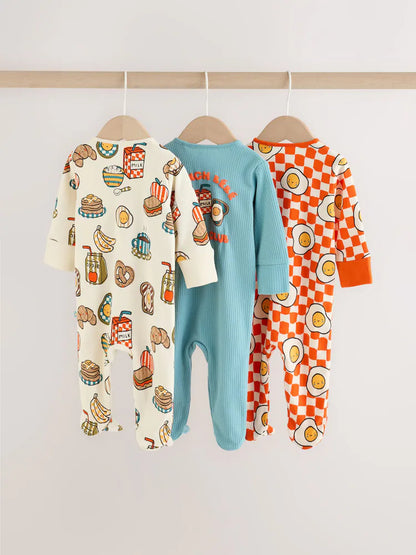 |BabyBoy| Kit com 3 Macacões de Bebê "Brunch" (Azul/Laranja) – 0 meses a 2 anos