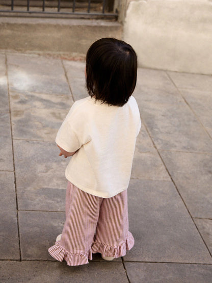 |Girl| Conjunto De Camiseta De Manga Curta Off-White Com Estampa De Coelho e Calça Com Babado Largo (3 meses a 7 anos)